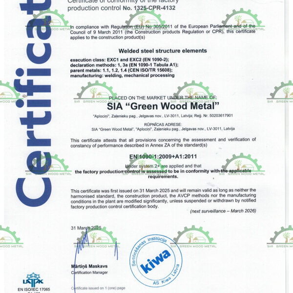 GREEN WOOD METAL SERTIFIKATS METALAPSTRĀDĒ
